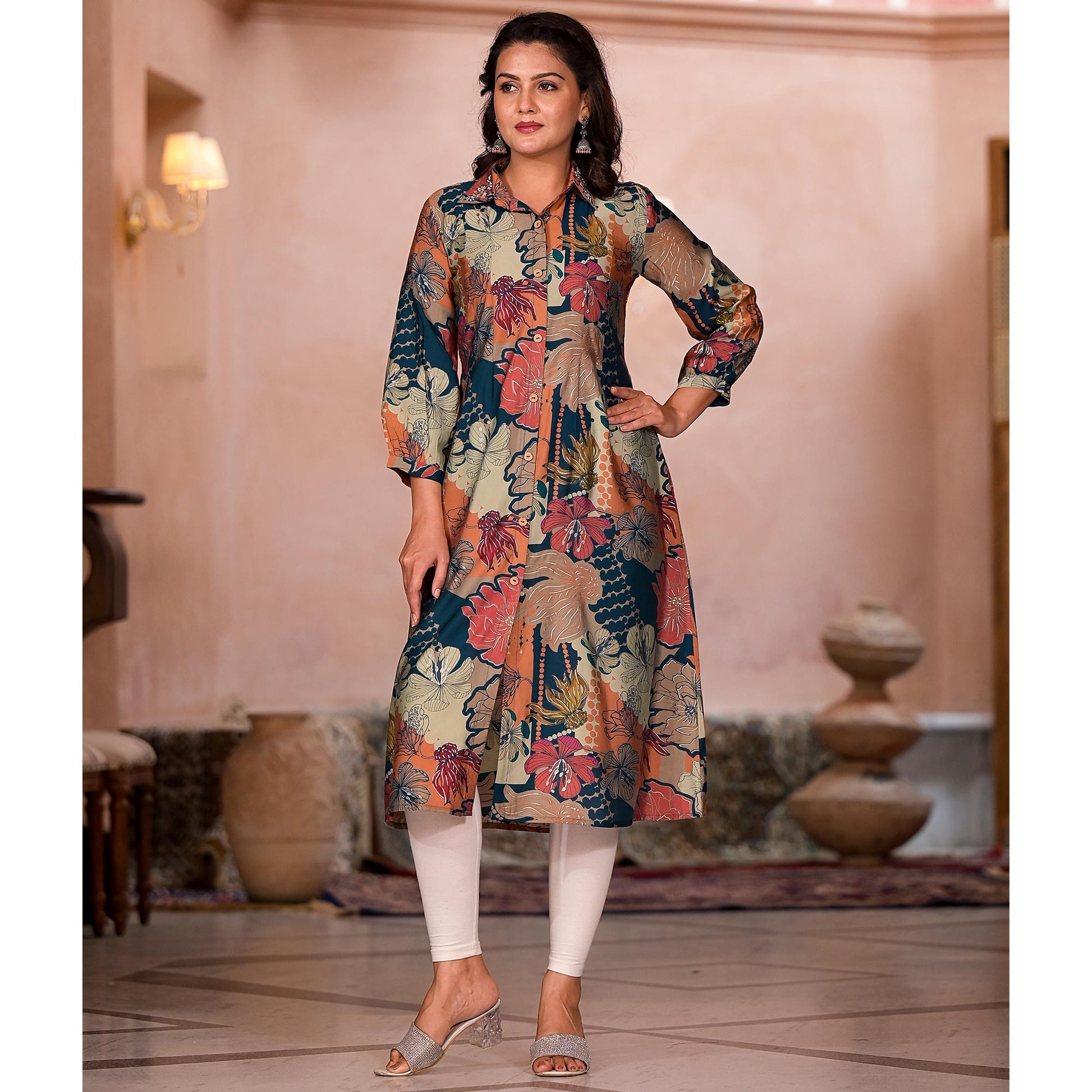 green-floral-printed-chanderi-silk-a-line-dress