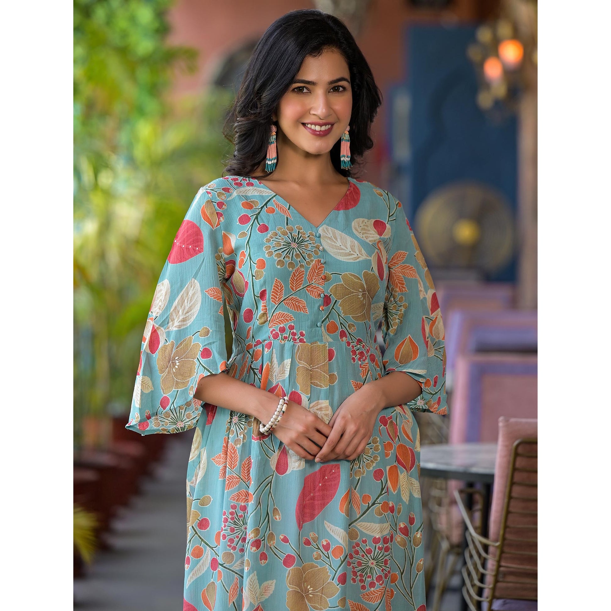 green-floral-foil-printed-chiffon-a-line-dress