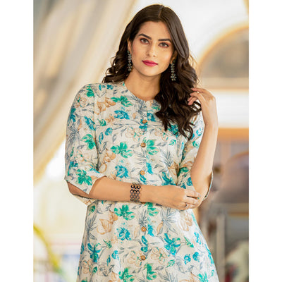 Cream & Green Floral Printed Pure Cotton Shifley Dress