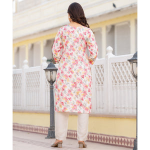Cream & Pink Floral Printed Rayon Straight Kurti