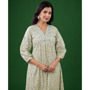Light Lime Green Paisley Printed Pure Cotton A-Line Dress
