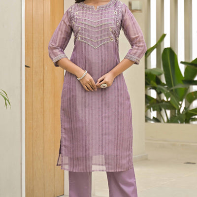 Lavender Embroidered Handwork Crush Chanderi Salwar Suit