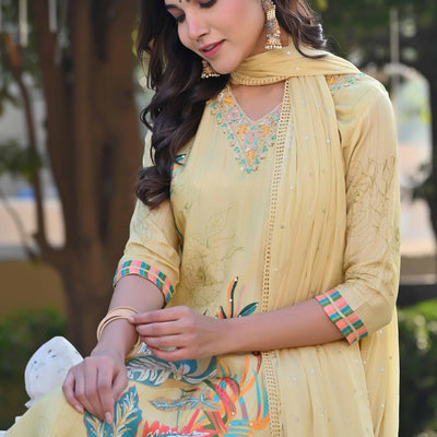 Lime Yellow Sequins Work With Printed Muslin Salwar Suit