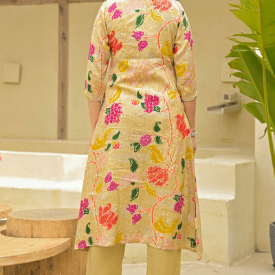 Chikoo Floral Printed Muslin Anarkali Style Salwar Suit With Hand Work