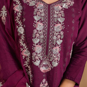 Imperial Purple Floral Embroidered Sequins Work Cotton Silk Straight Salwar Suit