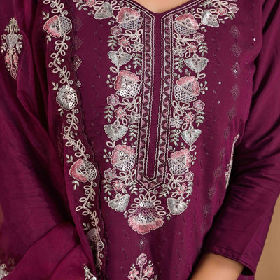 Imperial Purple Floral Embroidered Sequins Work Cotton Silk Straight Salwar Suit