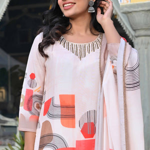 Cream Geometric Printed Muslin Straight Salwar Suit