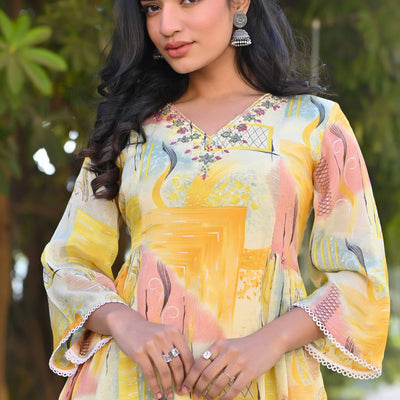 Cream & Yellow Printed With Embroidered Pure Chinon A-Line Co-Ord Set