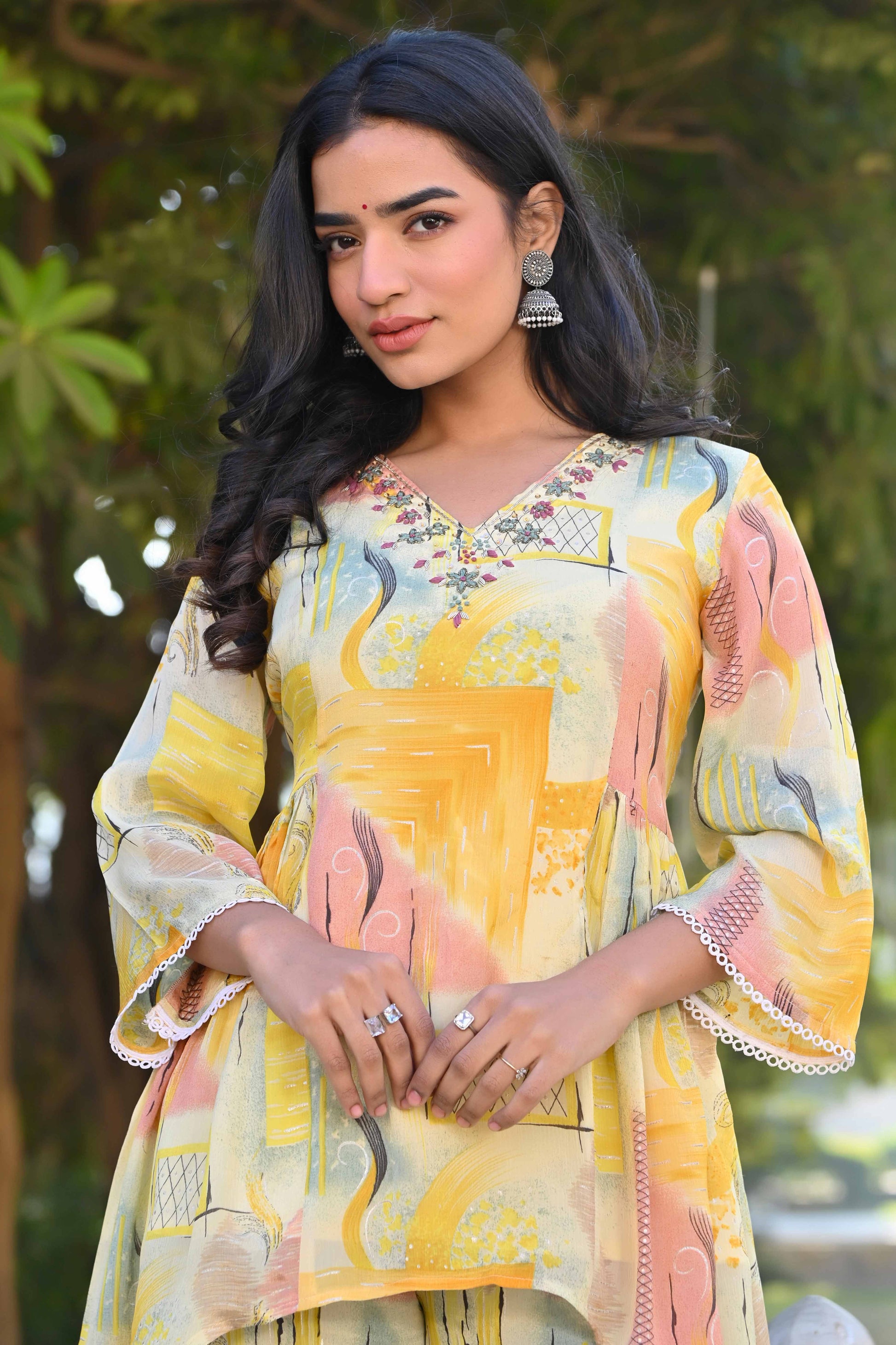 Cream & Yellow Printed With Embroidered Pure Chinon A-Line Co-Ord Set