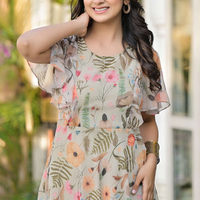 Light Olive Digital Floral Printed Chiffon Maxi Dress
