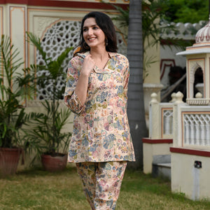 Cream Floral Printed Muslin Co Ord Set