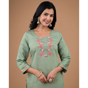 Mint Green Yoke Embroidered Viscose Straight Kurti