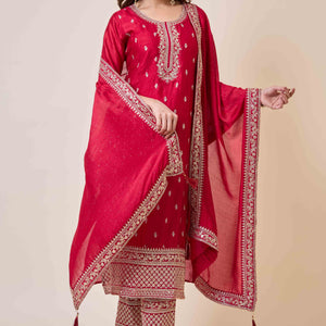 Dark Pink Embroidered Vichitra Silk Salwar Suit