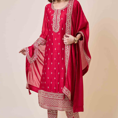 Dark Pink Embroidered Vichitra Silk Salwar Suit