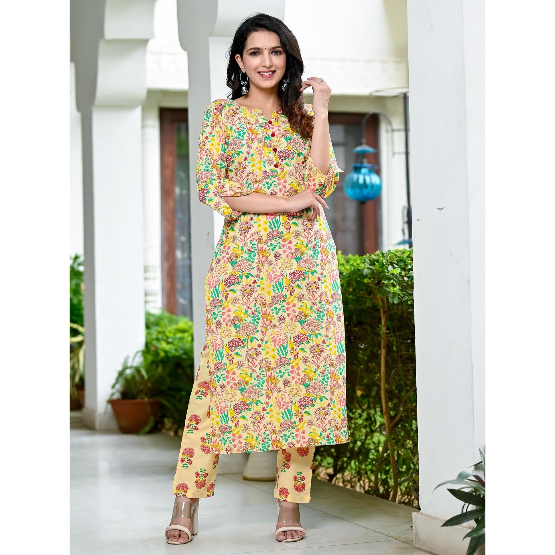 Cream Floral Printed Pure Cotton Salwar Suit