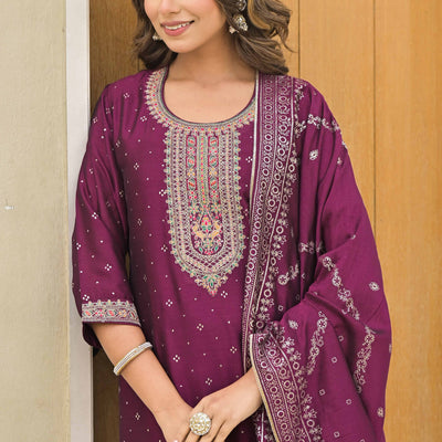 Dark Purple Golden Embroidered Vichitra Silk Salwar Suit