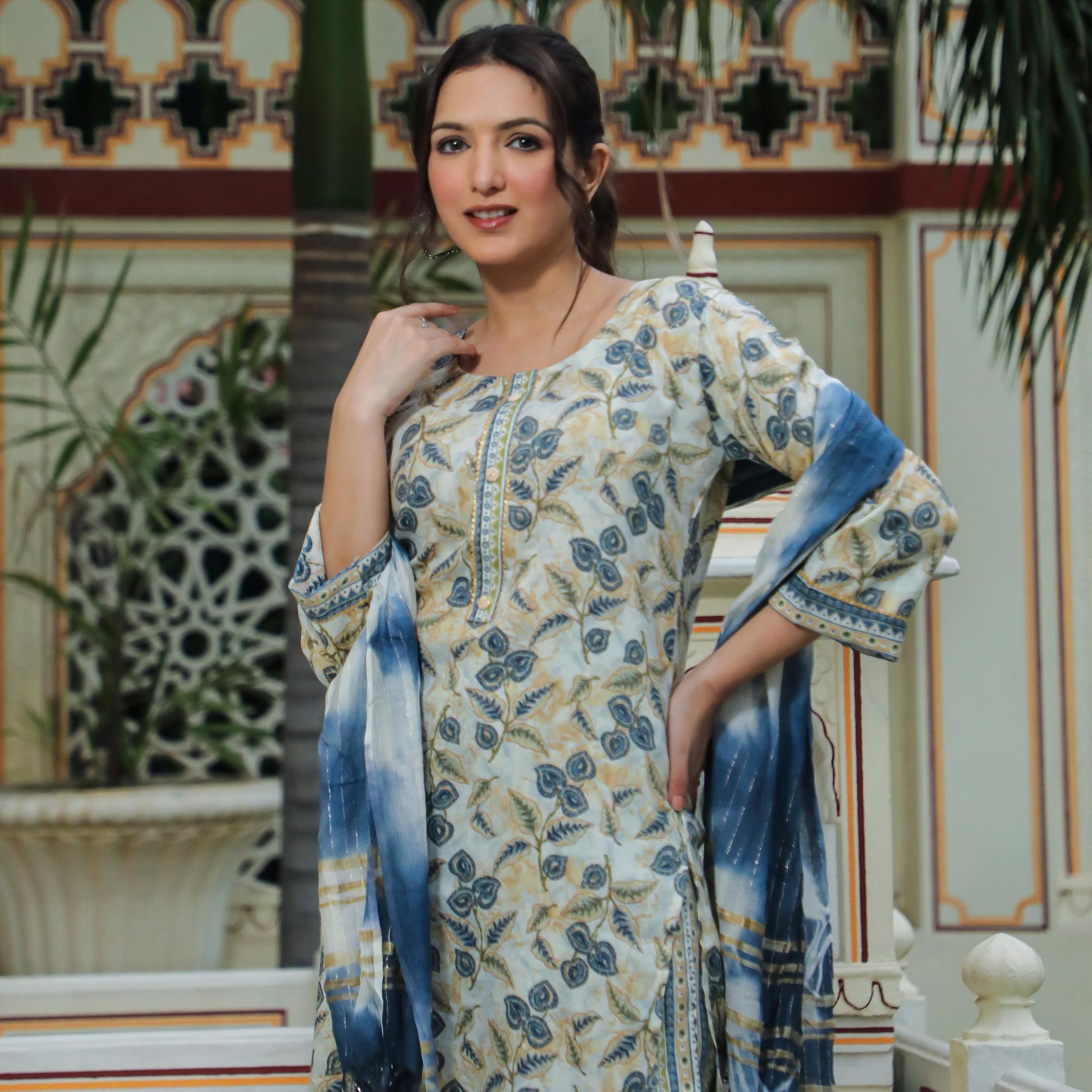 Cream Foil Printed Rayon Suit