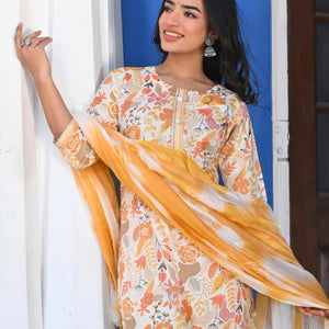 Cream & Yellow Floral Foil Printed Rayon Salwar Suit
