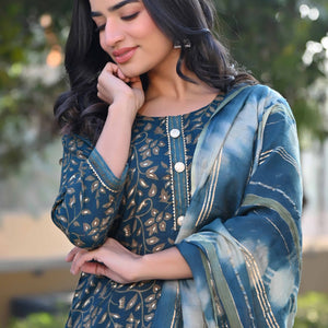 Morpich Blue Floral Foil Printed Rayon Salwar Suit
