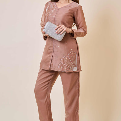 Brown Floral Embroidery Organza Co-Ord Set