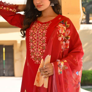 Maroon Floral Embroidered Chanderi Silk Salwar Suit