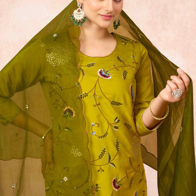 Lime Yellow Floral Embroidered Muslin Straight Salwar Suit