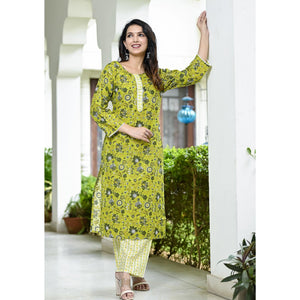 Lemon Green Floral Printed Pure Cotton Suit