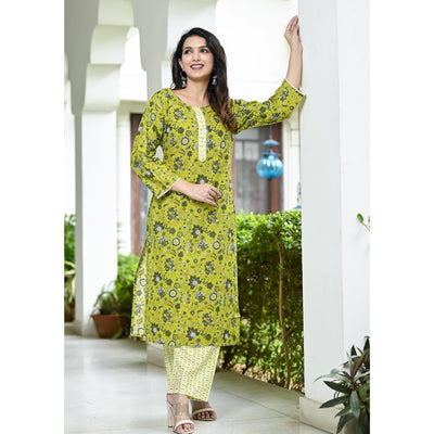 Lemon Green Floral Printed Pure Cotton Suit