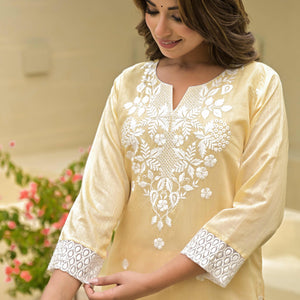 Chikoo Floral Embroidered Chanderi Kurti Pant Set