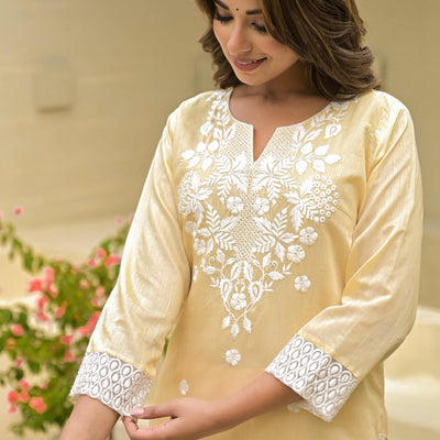 Chikoo Floral Embroidered Chanderi Kurti Pant Set