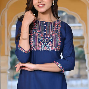 Blue Yoke Embroidered Rayon Slub Straight Kurti
