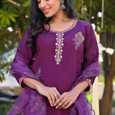 Dark Purple Floral Hand Work Viscose Straight Salwar Suit