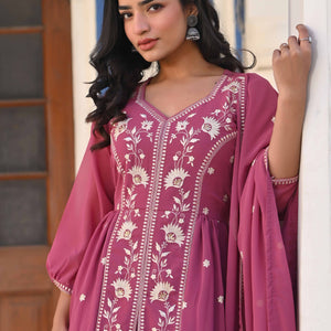 Mauve Floral Embroidered Georgette Front Slit Salwar Suit