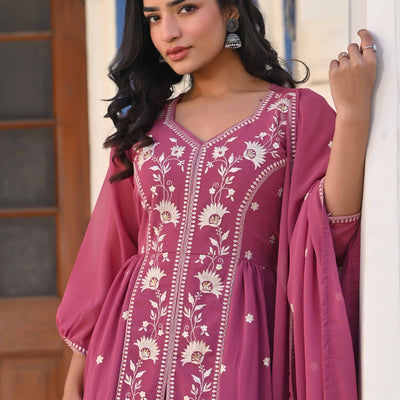 Mauve Floral Embroidered Georgette Front Slit Salwar Suit