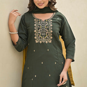Mehandi Green Floral Embroidered Viscose A-Line Salwar Suit