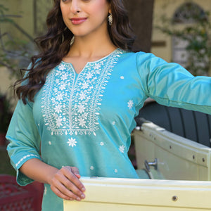 Mint Green Floral Embroidered Viscose Gadwal Silk Top Bottom Set