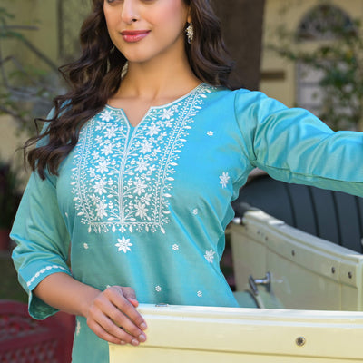 Mint Green Floral Embroidered Viscose Gadwal Silk Top Bottom Set