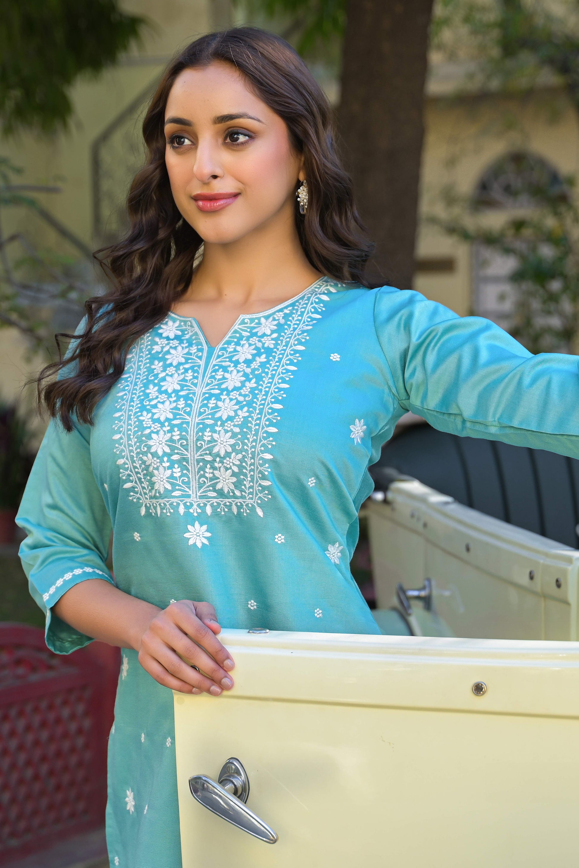 Mint Green Floral Embroidered Viscose Gadwal Silk Top Bottom Set