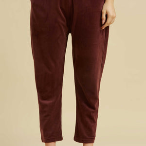Brown Embroidered Velvet A-Line Top Bottom Set