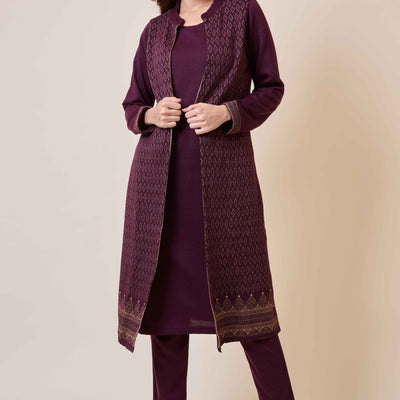 Dark Mauve Floral Woolen Top Bottom Set