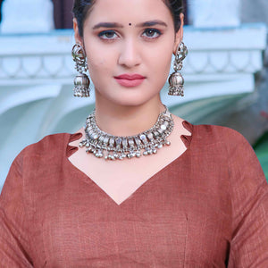 Brown Floral Printed Linen Saree