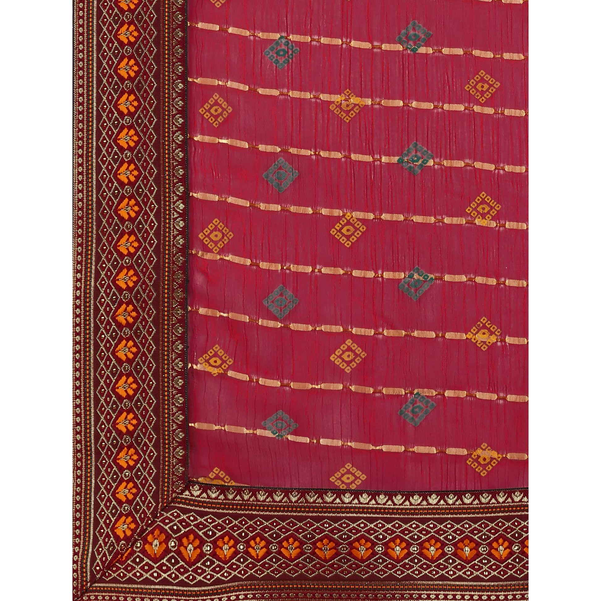 Maroon Foil Printed Chiffon Saree With Lace Border