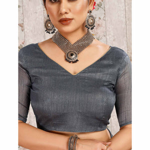 Grey Printed Chiffon Saree With Lace Border