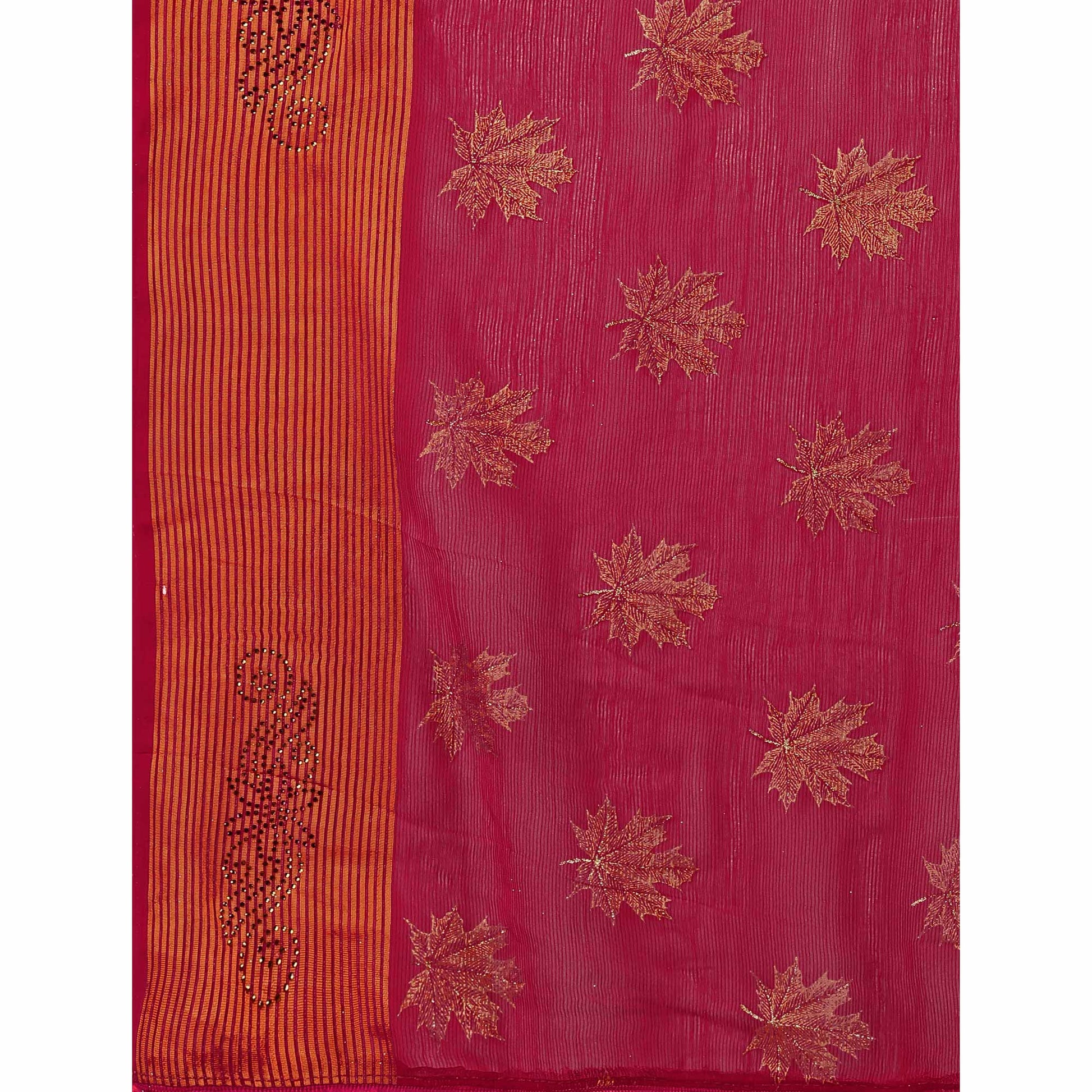 Dark Magenta Zari Work Chiffon Saree With Tassels