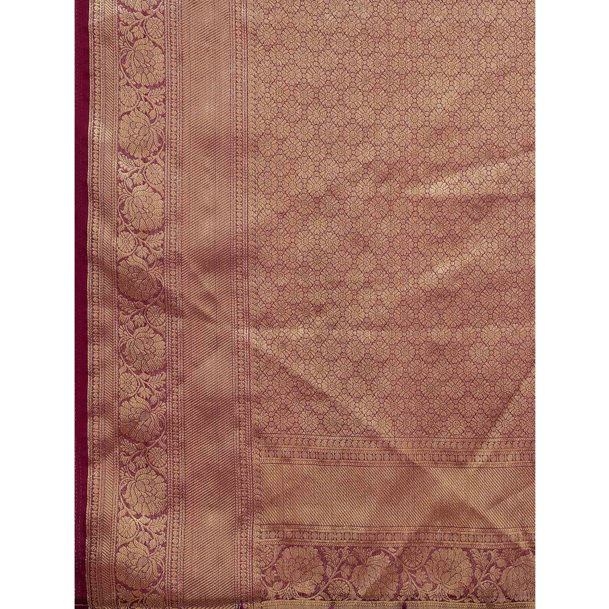 Maroon Woven Organza Saree With Tassels