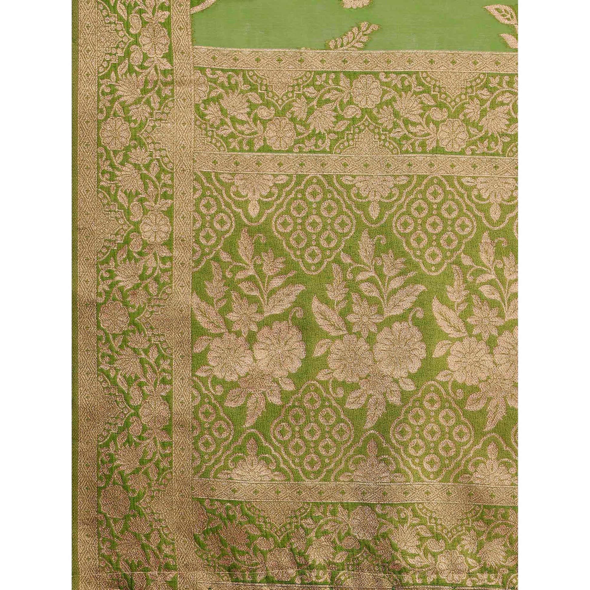 Mehendi Green Woven Organza Saree With Tassels