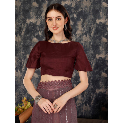 Dark Mauve Tikali With Floral Embroidered Lycra Saree