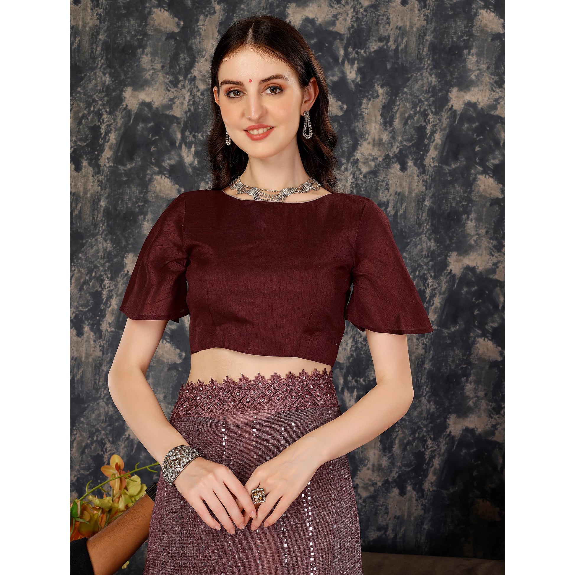 Dark Mauve Tikali With Floral Embroidered Lycra Saree