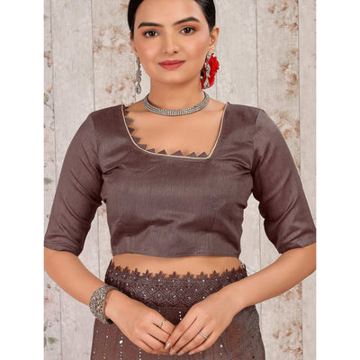 Brown Tikali With Floral Embroidered Lycra Saree