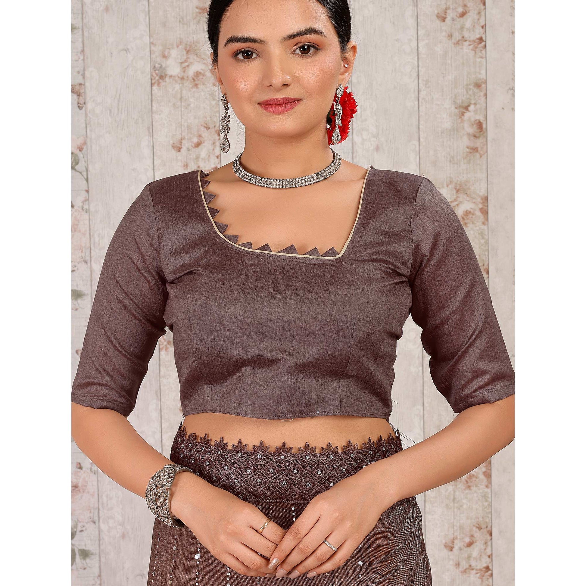 Brown Tikali With Floral Embroidered Lycra Saree